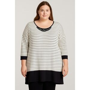 Yuni Los Angeles 3X Striped Embellished Tunic Top Black White Scoop Neck NWT